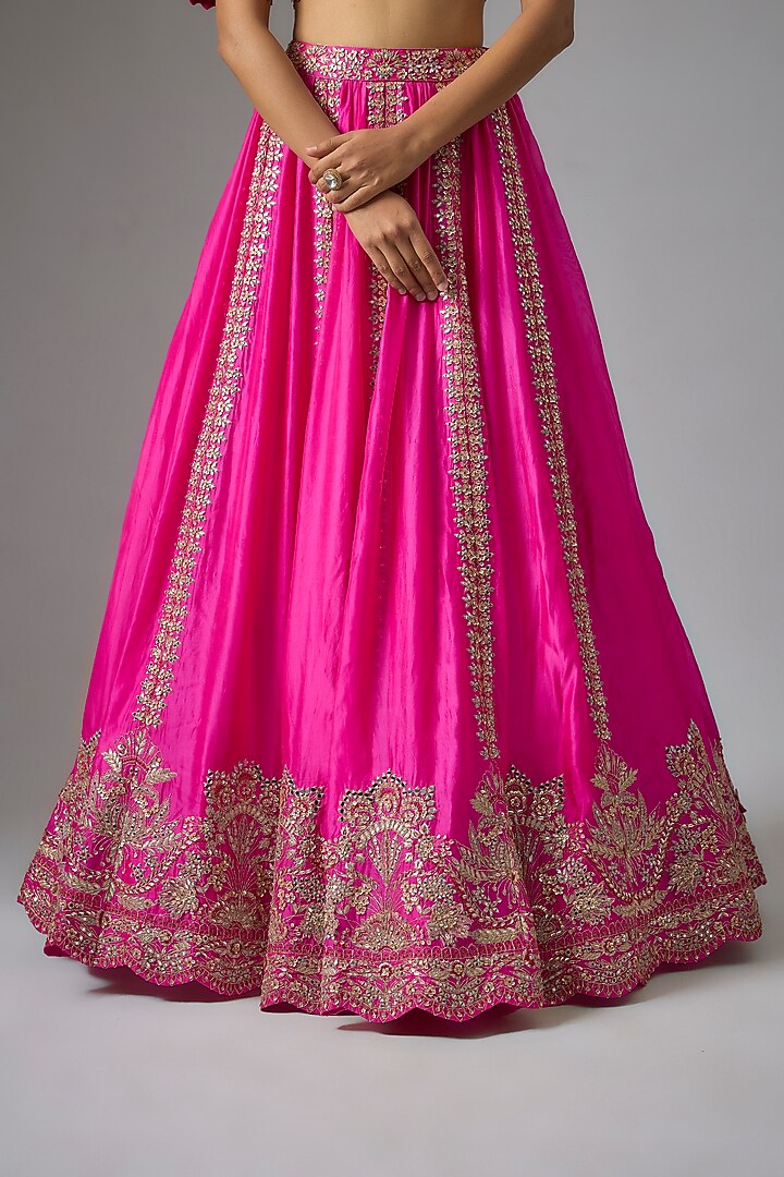Rani Pink Silk Embroidered Bridal Lehenga Set by Aneesh Agarwaal at Pernia's Pop Up Shop