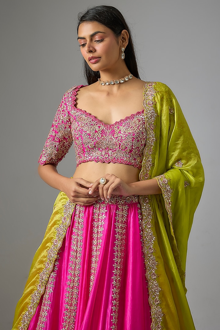 Rani Pink Silk Embroidered Bridal Lehenga Set by Aneesh Agarwaal at Pernia's Pop Up Shop
