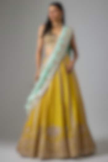 Lime Green Silk Embroidered Bridal Lehenga Set by Aneesh Agarwaal at Pernia's Pop Up Shop