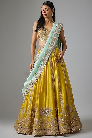 Lime Green Silk Embroidered Lehenga Set by Aneesh Agarwaal
