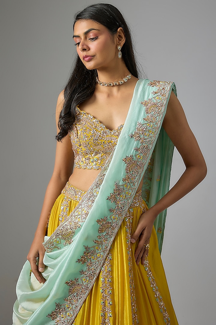 Lime Green Silk Embroidered Bridal Lehenga Set by Aneesh Agarwaal at Pernia's Pop Up Shop