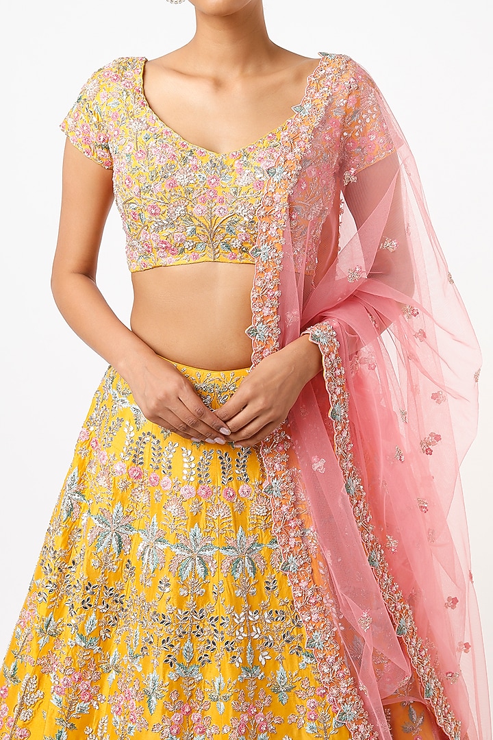 Mustard Embroidered Bridal Lehenga Set by Aneesh Agarwaal at Pernia's Pop Up Shop