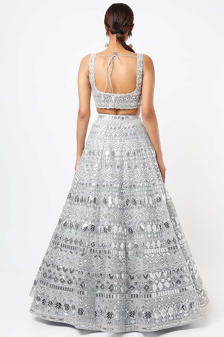 Silver Mirror Embroidered Bridal Lehenga Set by Aneesh Agarwaal at Pernia's Pop Up Shop