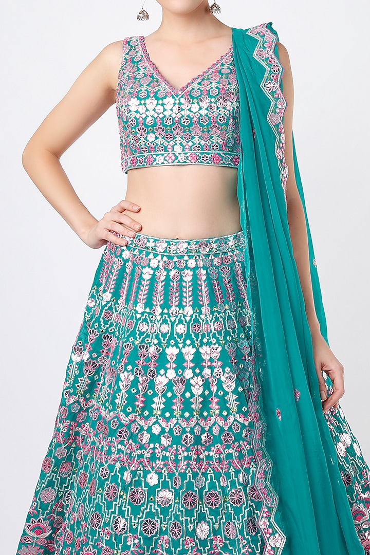 Turquoise Embroidered Wedding Lehenga Set by Aneesh Agarwaal at Pernia's Pop Up Shop