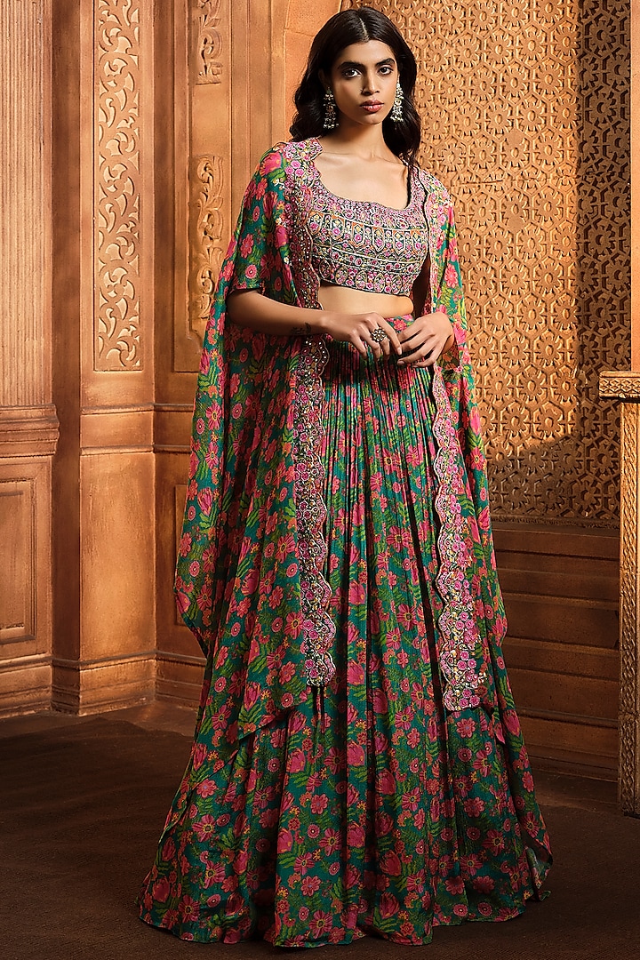 Emerald Green Chiffon Printed Cape Set by Aneesh Agarwaal PRET at Pernia's Pop Up Shop