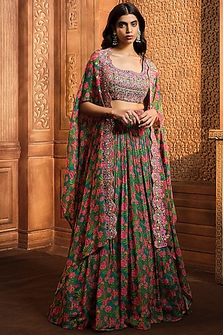 Emerald Green Chiffon Printed Cape Set by Aneesh Agarwaal PRET