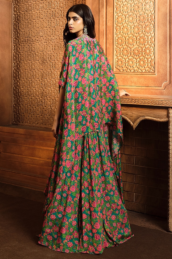 Emerald Green Chiffon Printed Cape Set by Aneesh Agarwaal PRET at Pernia's Pop Up Shop