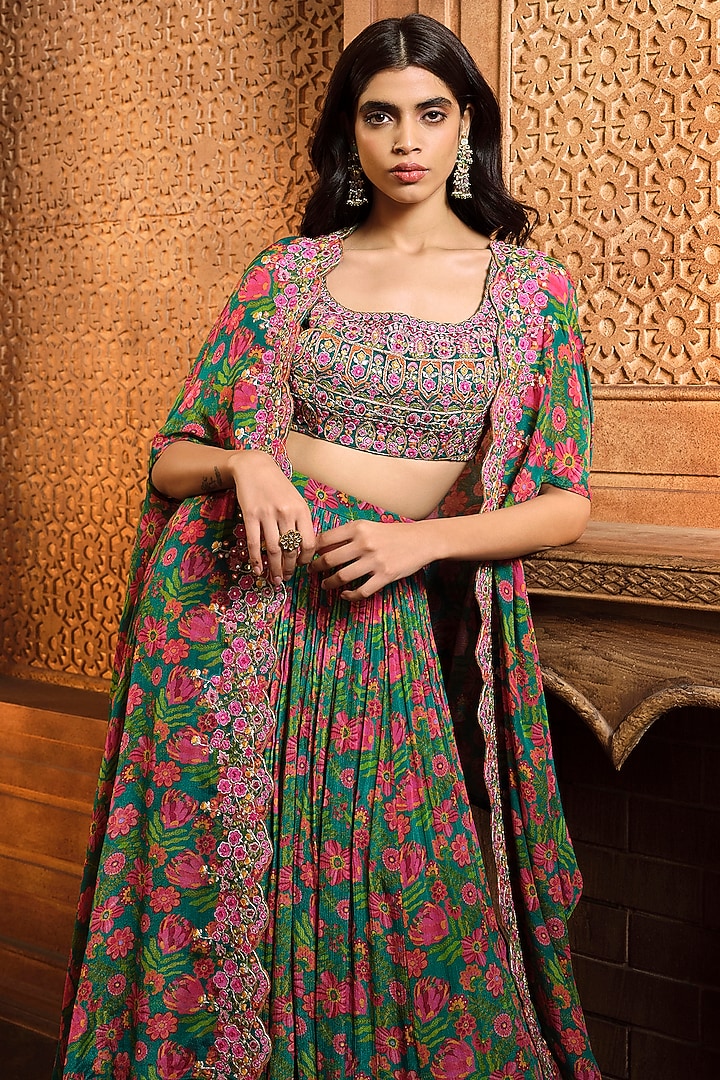 Emerald Green Chiffon Printed Cape Set by Aneesh Agarwaal PRET at Pernia's Pop Up Shop