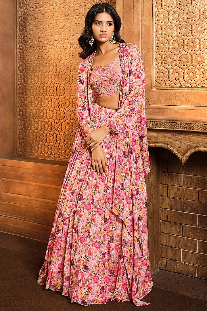 Pink Chiffon Floral Printed Cape Set by Aneesh Agarwaal PRET at Pernia's Pop Up Shop