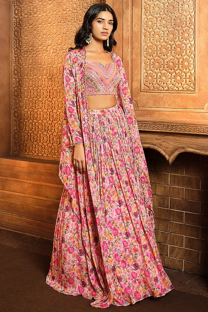 Pink Chiffon Floral Printed Cape Set by Aneesh Agarwaal PRET at Pernia's Pop Up Shop
