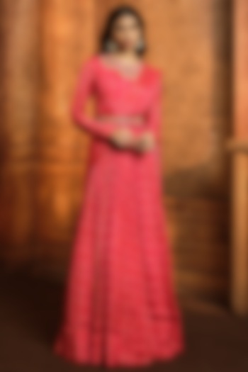 Vermilion Red Chiffon Printed & Embroidered Draped Anarkali by Aneesh Agarwaal PRET