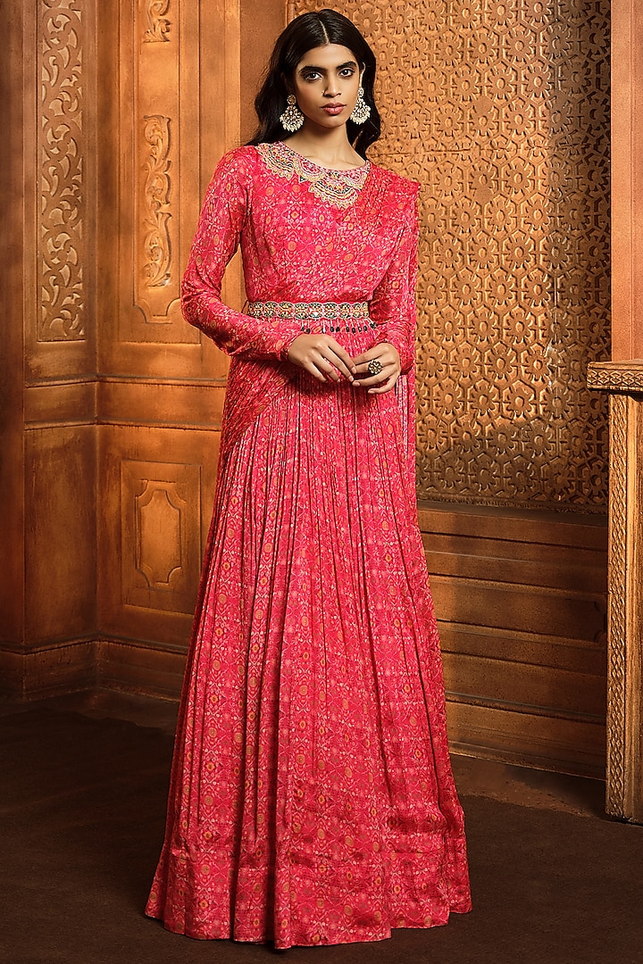 Vermilion Red Chiffon Printed & Embroidered Draped Anarkali by Aneesh Agarwaal PRET