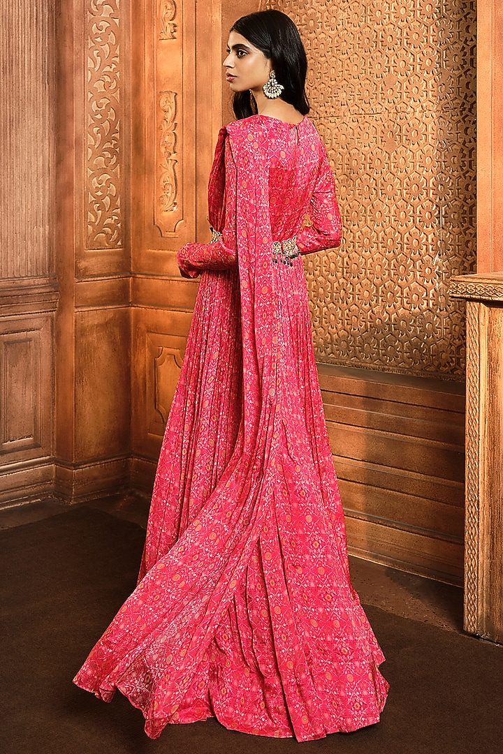 Vermilion Red Chiffon Printed & Embroidered Draped Wedding Anarkali by Aneesh Agarwaal PRET at Pernia's Pop Up Shop