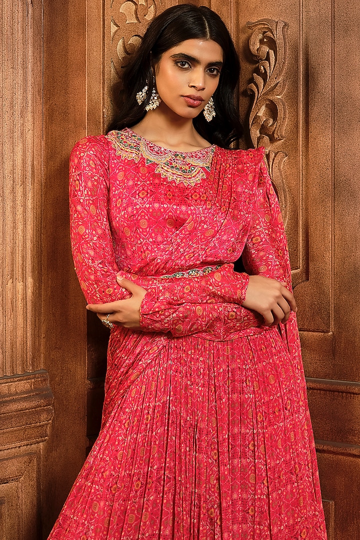 Vermilion Red Chiffon Printed & Embroidered Draped Wedding Anarkali by Aneesh Agarwaal PRET at Pernia's Pop Up Shop