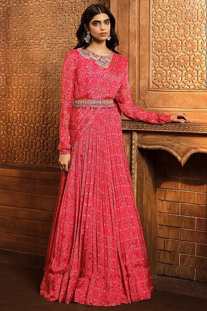 Vermilion Red Chiffon Printed & Embroidered Draped Wedding Anarkali by Aneesh Agarwaal PRET at Pernia's Pop Up Shop