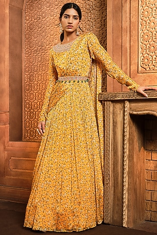Yellow Chiffon Printed & Embroidered Draped Anarkali by Aneesh Agarwaal PRET