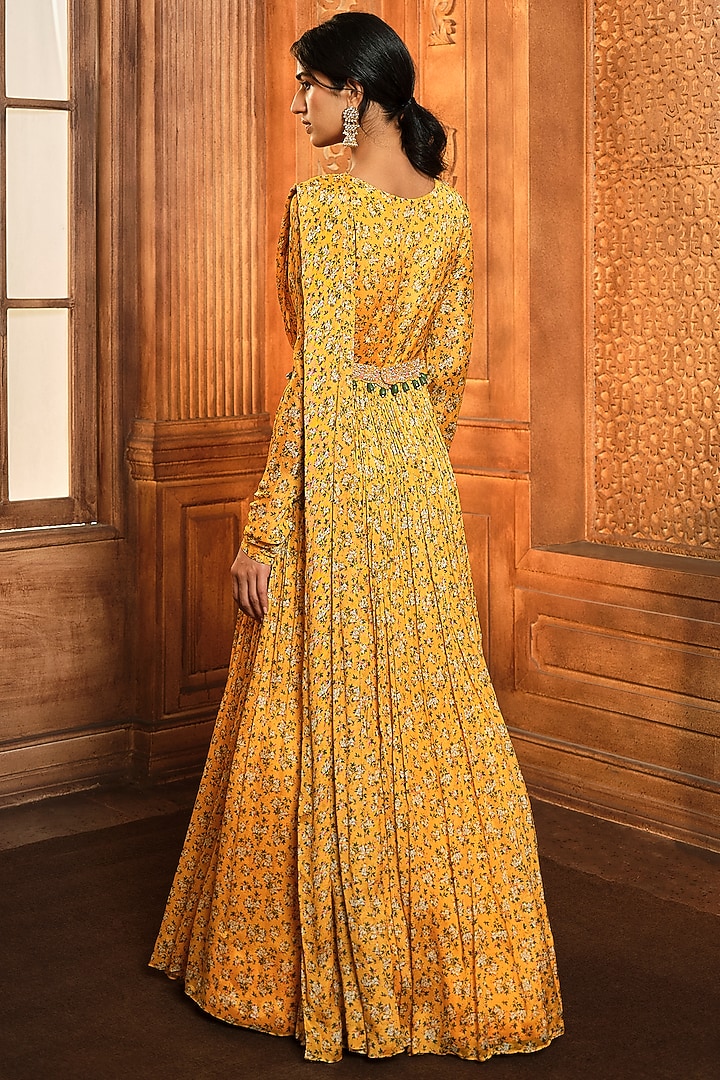 Yellow Chiffon Printed & Embroidered Draped Wedding Anarkali by Aneesh Agarwaal PRET at Pernia's Pop Up Shop