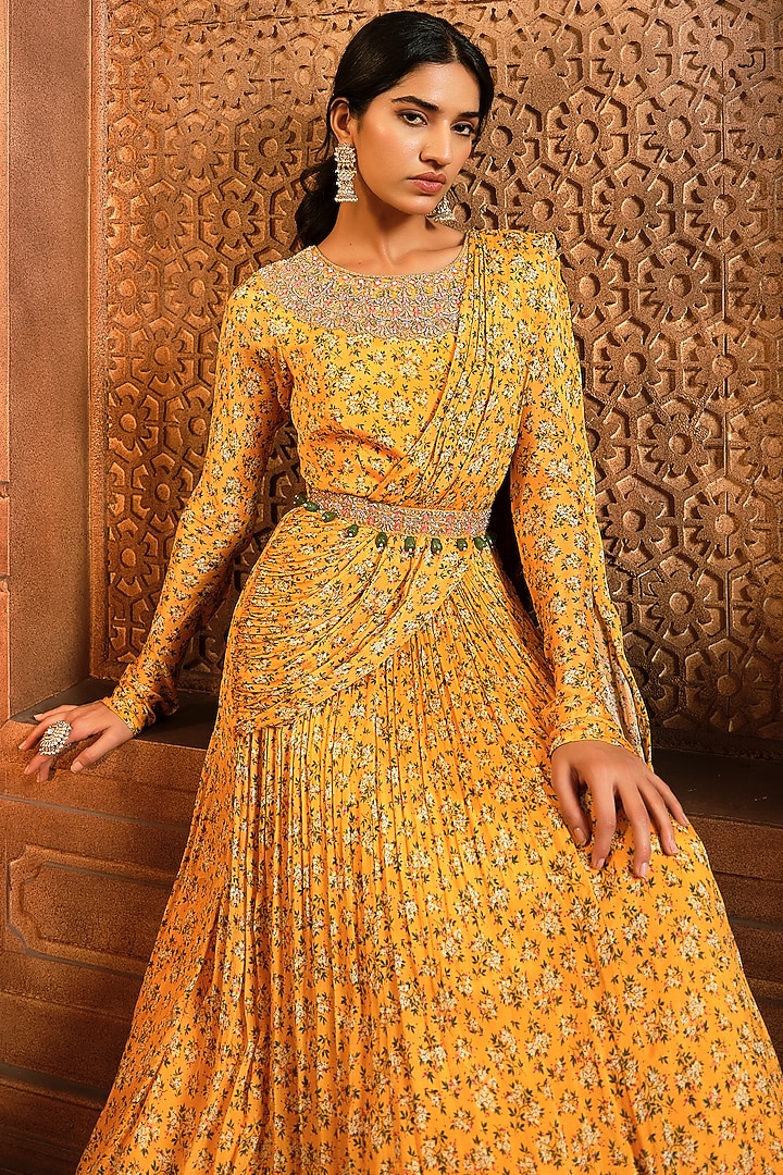 Yellow Chiffon Printed & Embroidered Draped Wedding Anarkali by Aneesh Agarwaal PRET at Pernia's Pop Up Shop