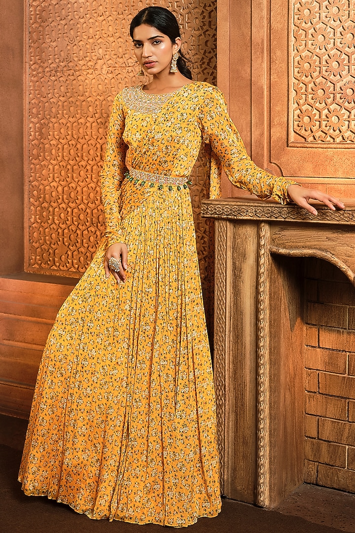 Yellow Chiffon Printed & Embroidered Draped Wedding Anarkali by Aneesh Agarwaal PRET at Pernia's Pop Up Shop