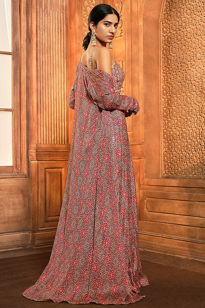 Brown & Red Chiffon Printed Wedding Sharara Set by Aneesh Agarwaal PRET at Pernia's Pop Up Shop