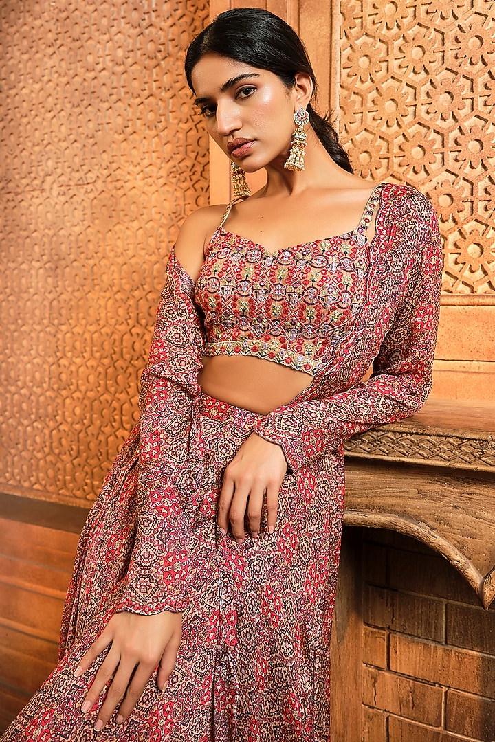 Brown & Red Chiffon Printed Wedding Sharara Set by Aneesh Agarwaal PRET at Pernia's Pop Up Shop