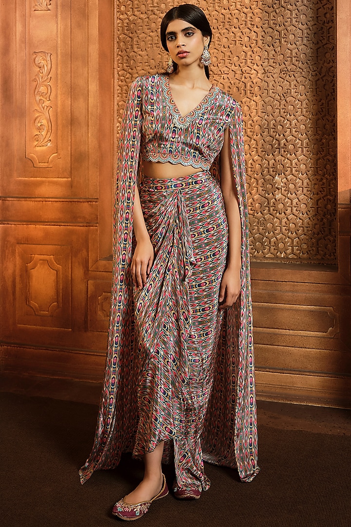 Olive Green Crepe Printed Skirt Set by Aneesh Agarwaal PRET