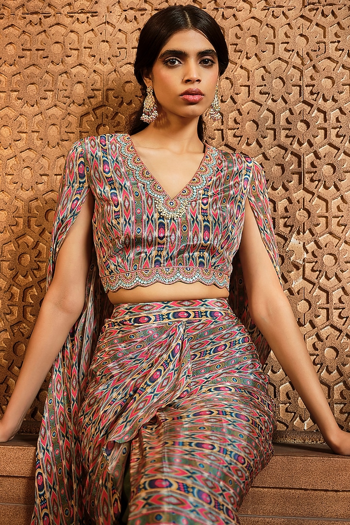 Olive Green Crepe Printed Skirt Set by Aneesh Agarwaal PRET at Pernia's Pop Up Shop