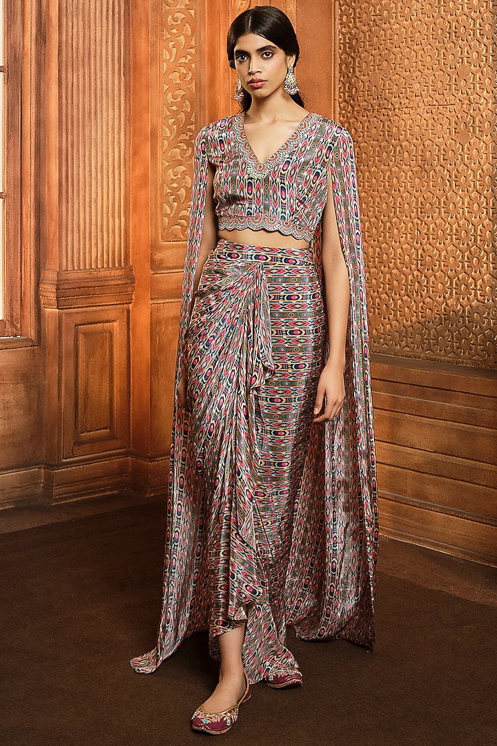 Olive Green Crepe Printed Skirt Set by Aneesh Agarwaal PRET at Pernia's Pop Up Shop