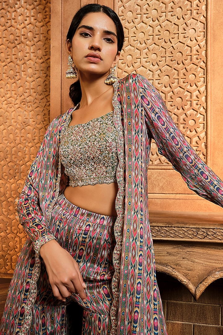 Olive Green Crepe Printed Wedding Sharara Set by Aneesh Agarwaal PRET at Pernia's Pop Up Shop