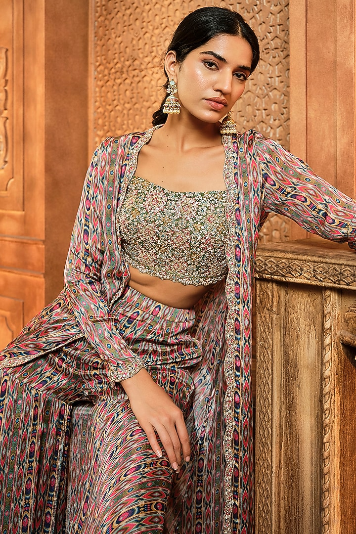 Olive Green Crepe Printed Wedding Sharara Set by Aneesh Agarwaal PRET at Pernia's Pop Up Shop