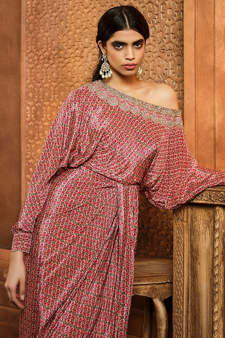Reddish-Brown Crepe Printed Cocktail Dress by Aneesh Agarwaal PRET at Pernia's Pop Up Shop