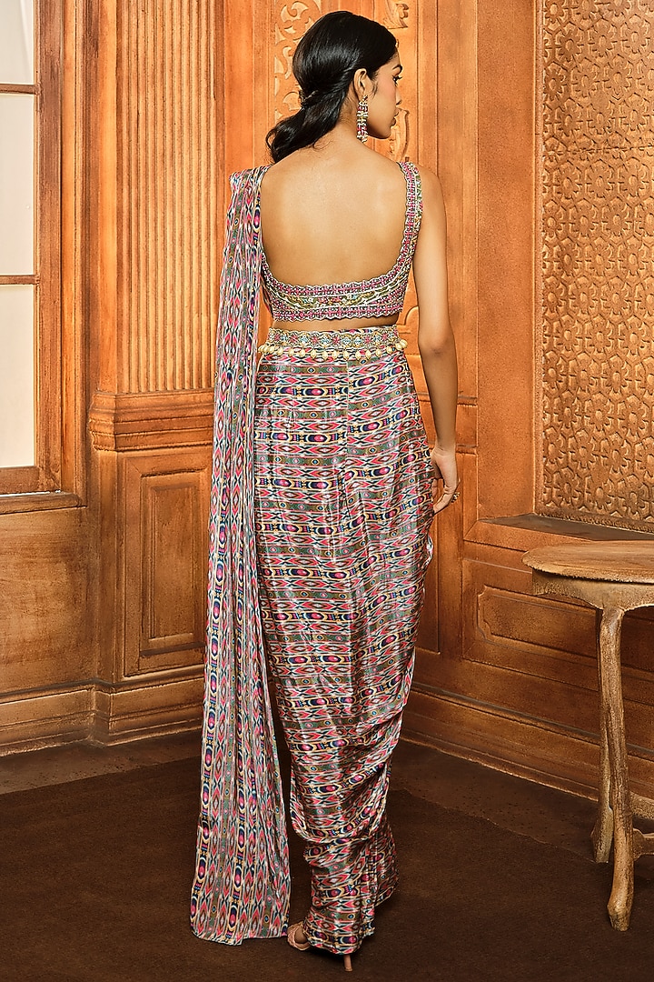 Olive Green Crepe Stripe Printed Cowl Draped Wedding Saree Set by Aneesh Agarwaal PRET at Pernia's Pop Up Shop