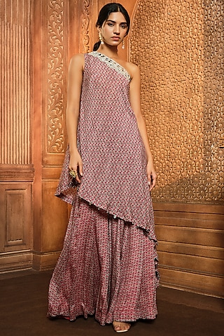 Red Chiffon Printed Sharara Set by Aneesh Agarwaal PRET