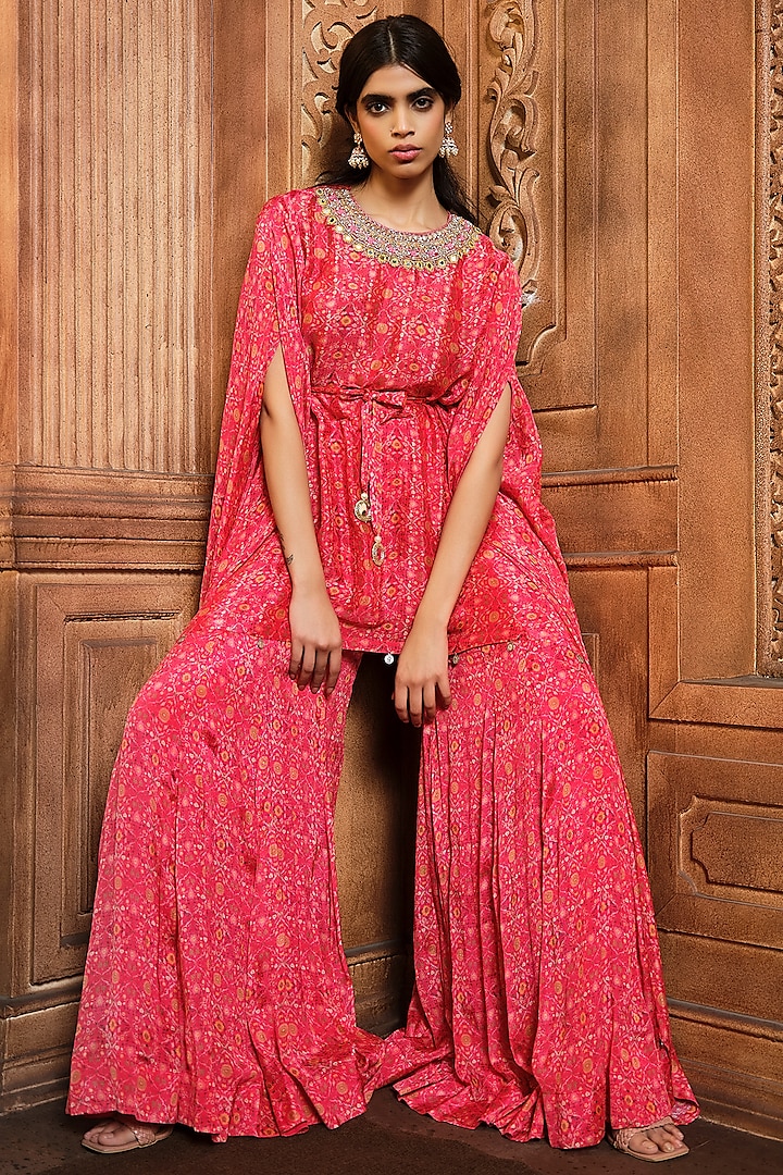 Vermilion Red Chiffon Printed Wedding Sharara Set by Aneesh Agarwaal PRET at Pernia's Pop Up Shop