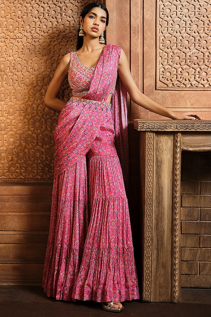 Pink Chiffon Printed Sharara Pant Saree Set by Aneesh Agarwaal PRET