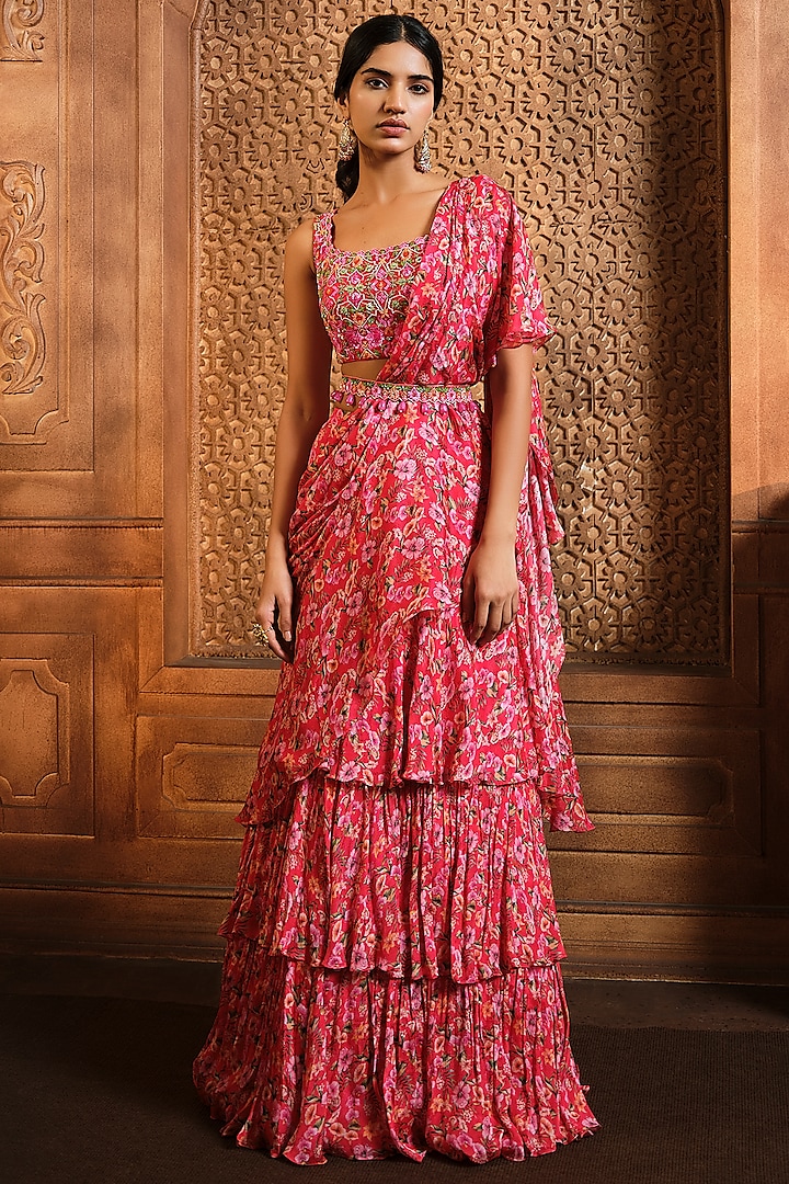 Crimson Georgette Jaal Printed Gharara Saree Set by Aneesh Agarwaal PRET