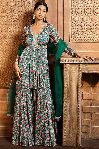 Emerald Green Chiffon Sharara Set by Aneesh Agarwaal PRET