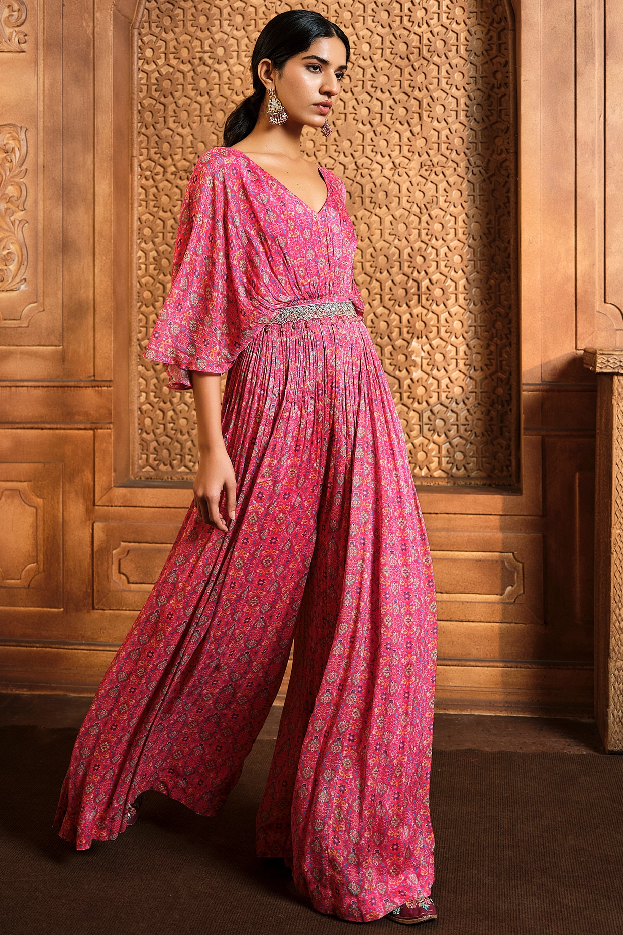 Pink Chiffon Printed Jumpsuit With Belt by Aneesh Agarwaal PRET at Pernia s Pop Up Shop 2024