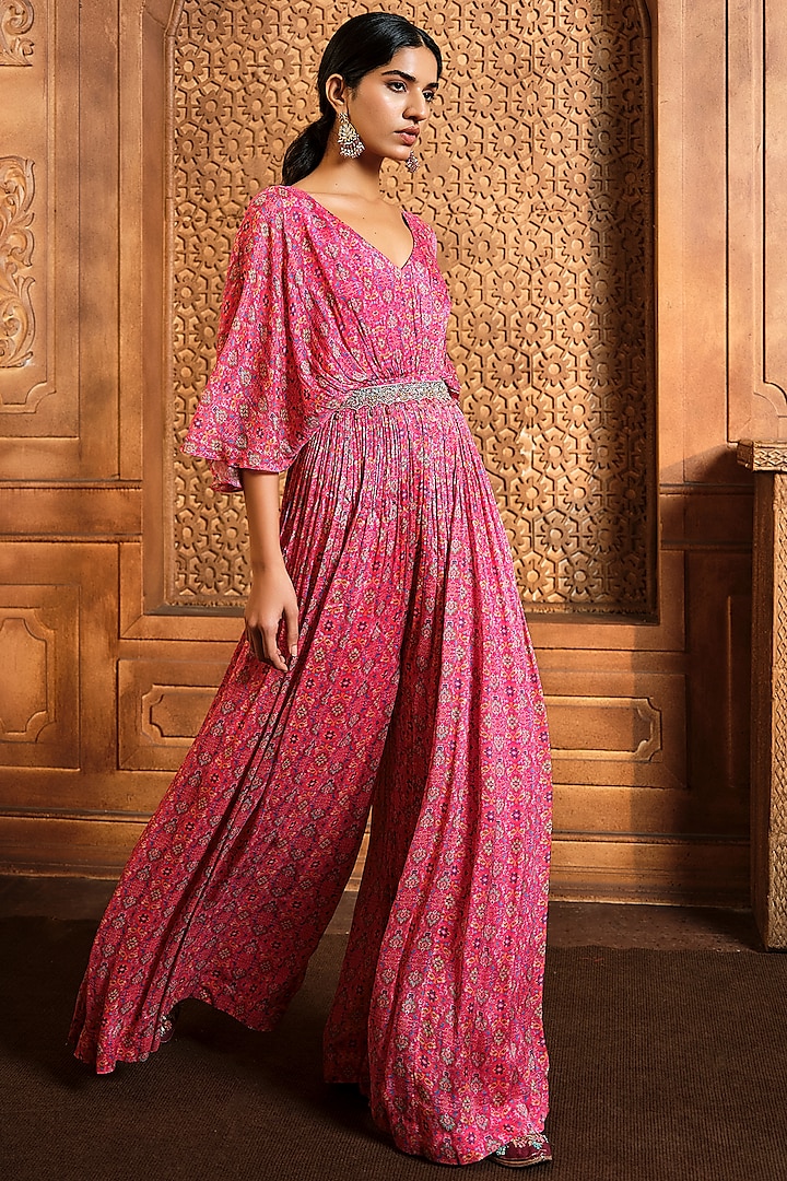 Pink Chiffon Printed Jumpsuit With Belt by Aneesh Agarwaal PRET