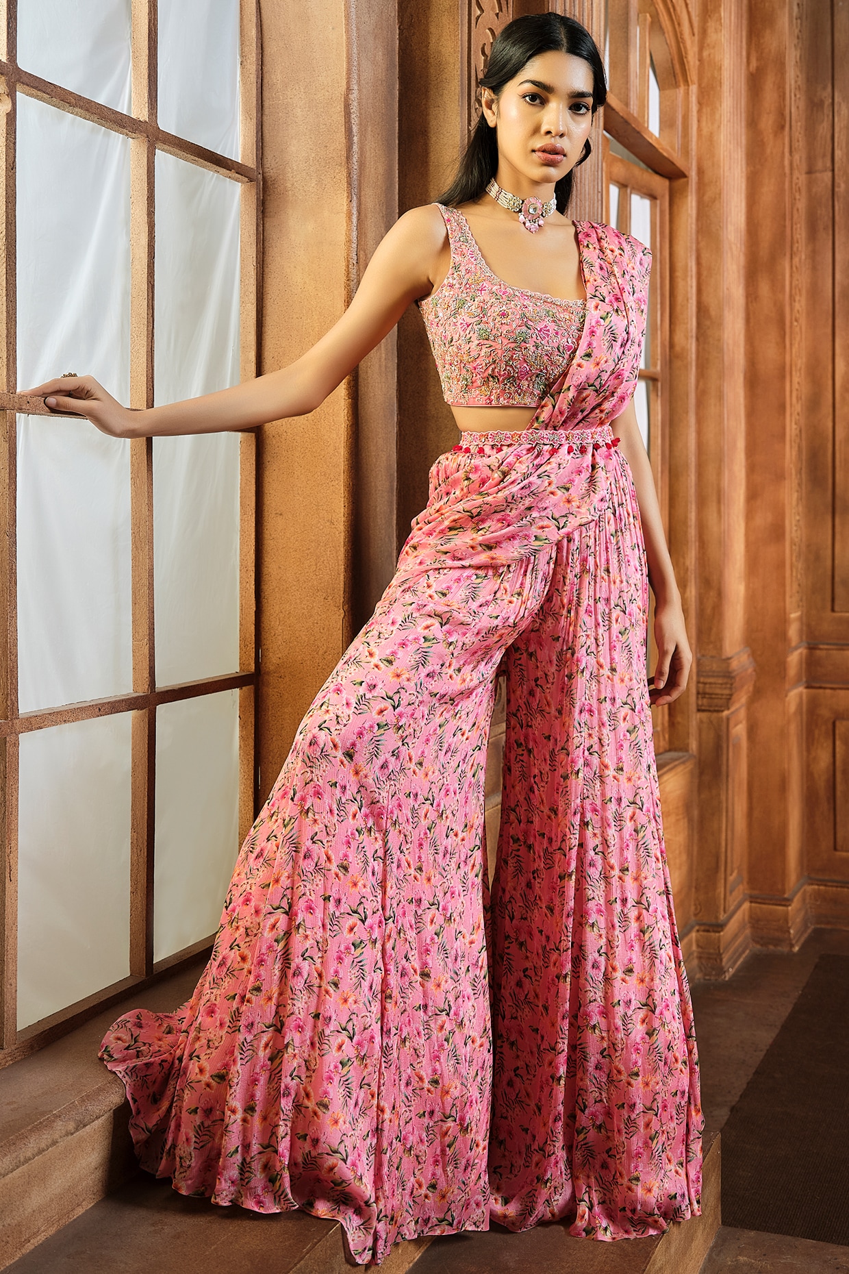 Pink georgette readymade suit with intricate mirror embroidery crop top,full-hand  bell sleeve long shrug & sharara pants