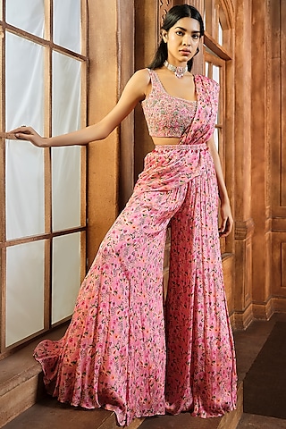Pink Chiffon Floral Printed Draped Sharara Pant Saree Set by Aneesh Agarwaal PRET