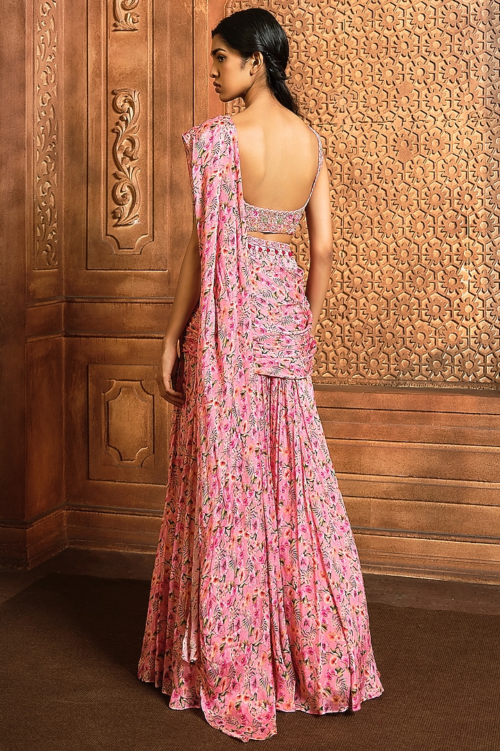 Pink Chiffon Floral Printed Draped Sharara Pant Wedding Saree Set by Aneesh Agarwaal PRET at Pernia's Pop Up Shop