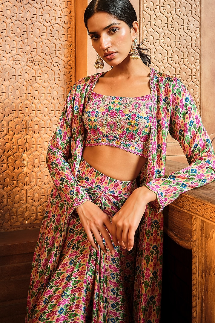 Dusty Ivory Habutai Printed Wrap Skirt Set by Aneesh Agarwaal PRET at Pernia's Pop Up Shop