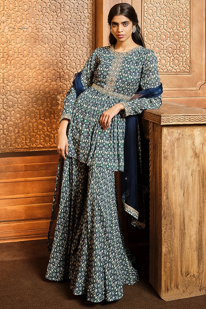 Navy Blue Chiffon Wedding Sharara Set by Aneesh Agarwaal PRET at Pernia's Pop Up Shop
