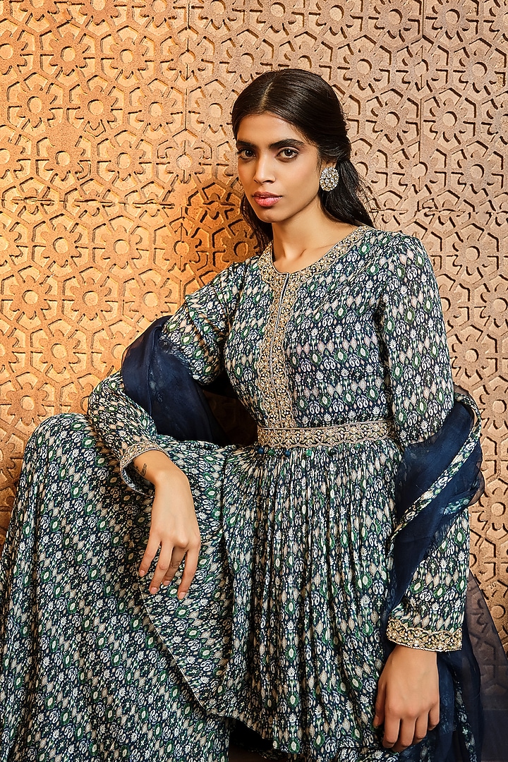 Navy Blue Chiffon Wedding Sharara Set by Aneesh Agarwaal PRET at Pernia's Pop Up Shop