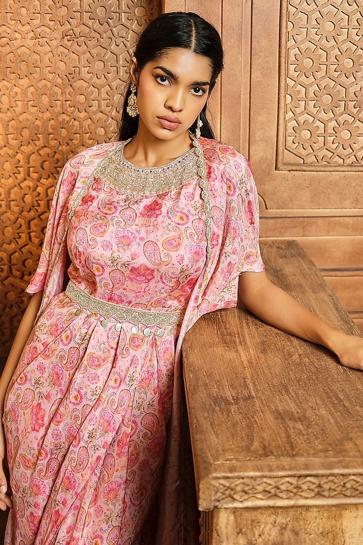 Salmon Pink Habutai Embroidered Jumpsuit With Jacket by Aneesh Agarwaal PRET at Pernia's Pop Up Shop
