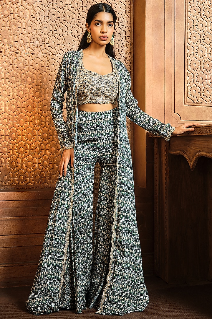 Navy Blue Chiffon Embroidered Jacket Set by Aneesh Agarwaal PRET