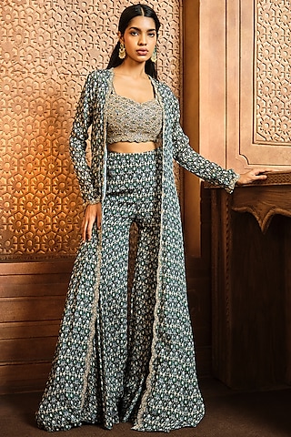 Navy Blue Chiffon Embroidered Jacket Set by Aneesh Agarwaal PRET