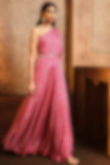 Pink Chiffon One-Shoulder Jumpsuit With Belt by Aneesh Agarwaal