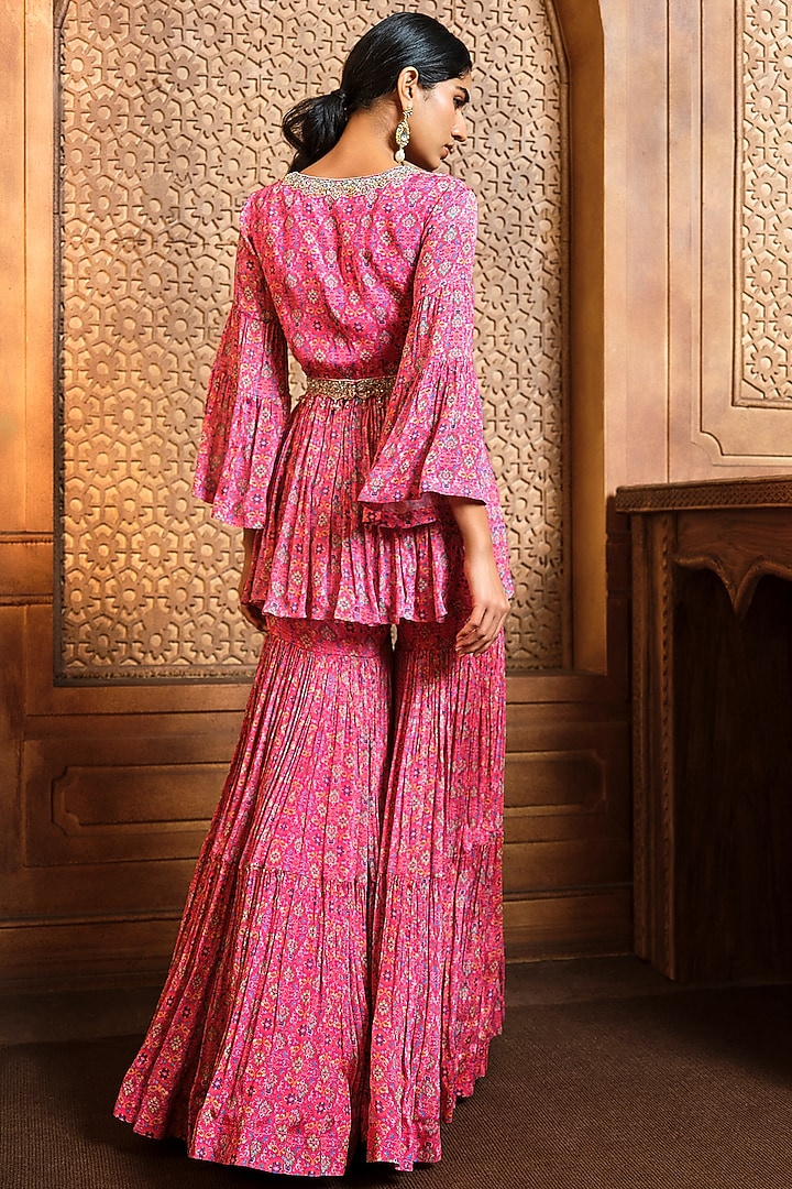 Pink Chiffon Printed Wedding Sharara Set by Aneesh Agarwaal PRET at Pernia's Pop Up Shop